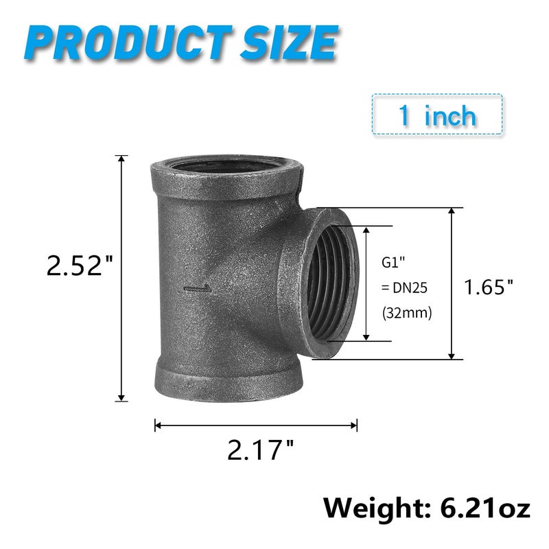 Home TZH 1" Pipe Fitting Tee, 10 Pack DN25 Threaded Gray Cast Malleable Iron Tee for Steampunk Vintage Shelf Bracket DIY Plumbing Pipe Decor Furniture (10, 1") - Image 2